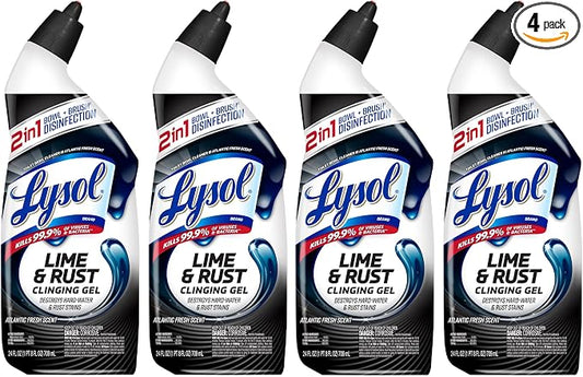 Lysol Lime & Rust Toilet Bowl Cleaner Liquid, For Limescale, Rust & Hard Water Stains, Septic Safe, Clinging Gel, Disinfects, Sanitizes & Deodorizes, Bathroom Cleaning Supplies, 24oz (4 Pack)