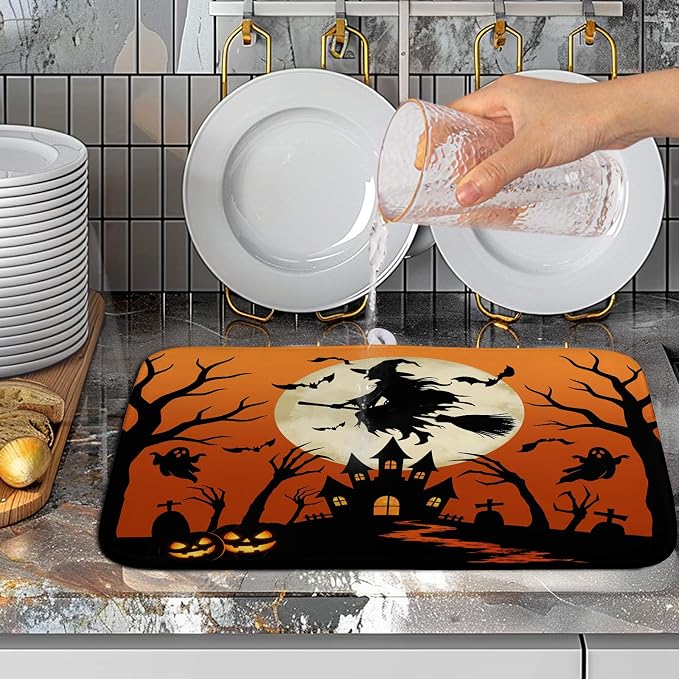 Halloween Dish Drying Mat for Kitchen Counter 16x18 Witch Castle Bats Ghost Drying Pad Orange Black Fall Holiday Dishes Drainer Mat Absorbent Microfiber Kitchen Countertop Protector Dish Mat