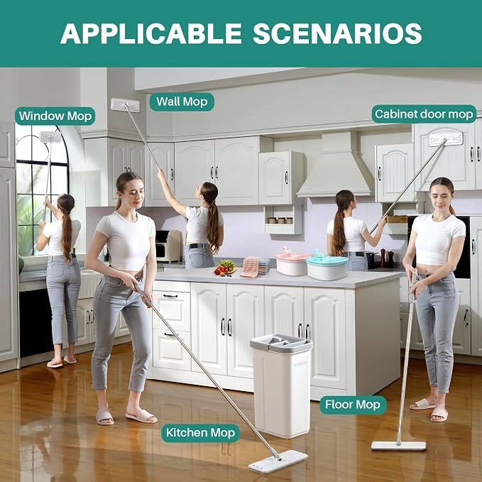 JOYMOOP Flat Mop and Bucket System, Microfiber Mop for Floor Cleaning, White, Suitable for Hardwood, Tile, Laminate and Vinyl Floors, 50" Mop with 1 Microfiber Pad