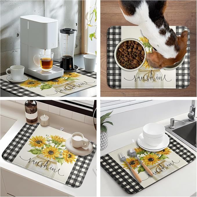 Summer Sunflower Dish Drying Mats for Kitchen Counter Spring Sunshine Kitchen Dishes Dryer Pad Flowers Absorbent Dish Mat Microfiber Washable Foldable Reusable Large 18x24 in