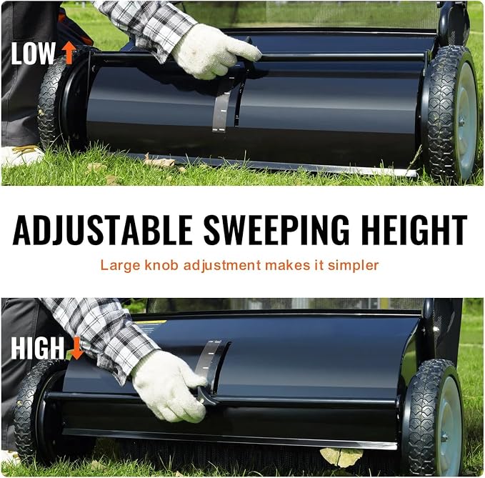 26 Inch Push Lawn Sweeper, Hand Powered Leaf & Grass Sweeper with 7 Cu Ft Hopper, 4 High-Speed Brushes, Height Adjustable, ABS & Steel Frame for Yard Lawn Cleanup (Black 2, 26 Inch)