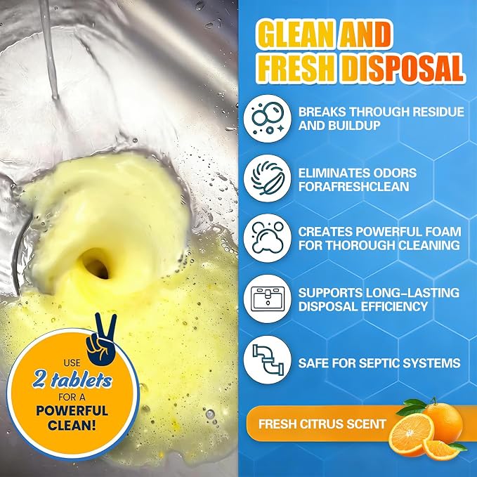 SOPAMI Garbage Disposal Cleaner Deodorizer Tablets 12 Pack 1 Year Supply | Powerful XL Foaming Sink Garburator Disposer Freshener, Natural Kitchen Drain Cleaning Care with Fresh Citrus Scent