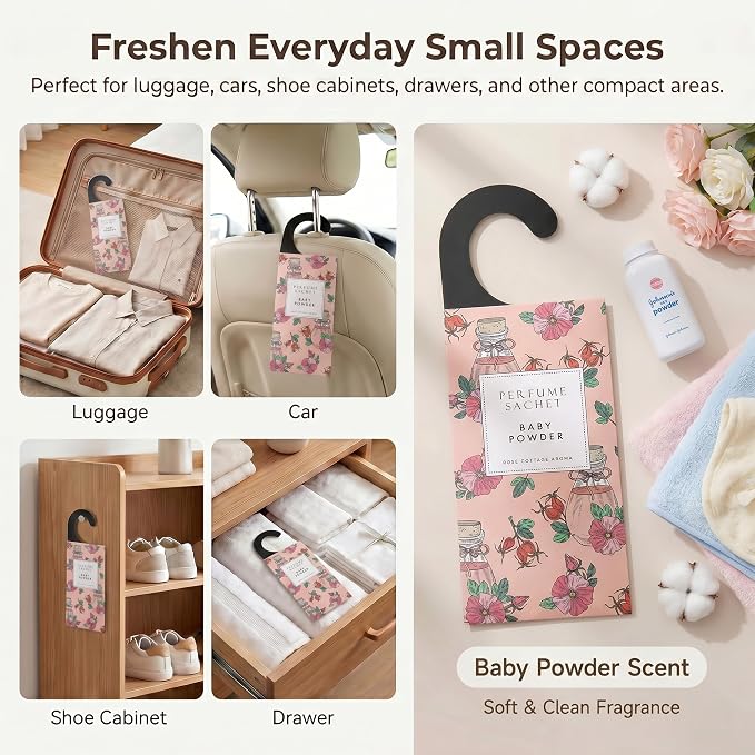 Large 12 Packs Baby Powder Hanging Scented Sachets Long-Lasting Closet Deodorizer Air Freshener Fabric Refresher Odor Eliminator for Drawer Home Fragrance Gift Set