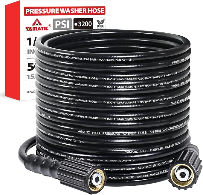 YAMATIC Kink-Resistant Pressure Washer Hose 50 FT 1/4", 3200 PSI M22-14mm | OEM-Upgraded Replacement Hose With M22-14mm Brass Female Fittings Fit Ryobi Troy-Bilt Greenworks Craftsman