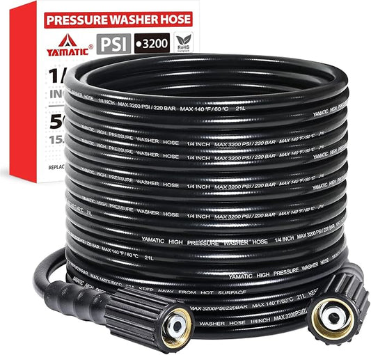 YAMATIC Kink-Resistant Pressure Washer Hose 50 FT 1/4", 3200 PSI M22-14mm | OEM-Upgraded Replacement Hose With M22-14mm Brass Female Fittings Fit Ryobi Troy-Bilt Greenworks Craftsman
