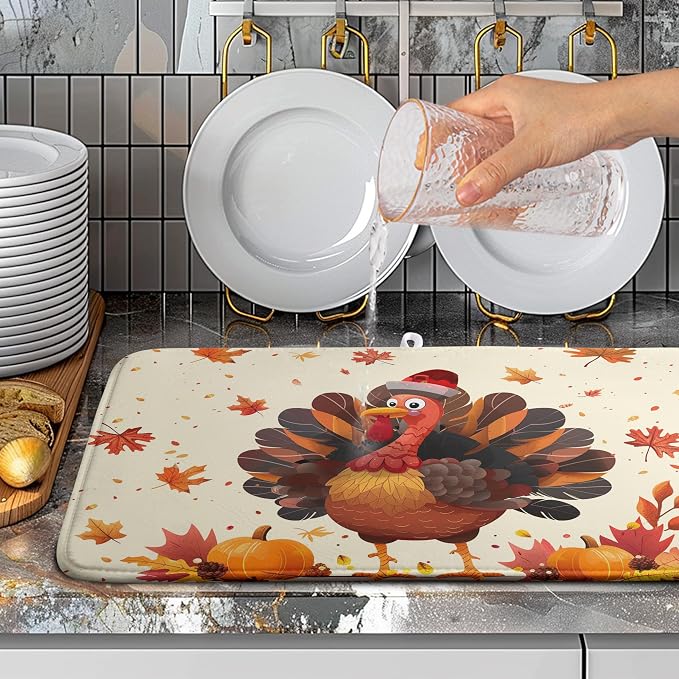 Happy Thanksgiving Dish Drying Mats for Kitchen Counter Autumn Fall Turkey Maple Leaves Pumpkin Drying Mat 18 x 24 Inch Microfiber Absorbent Dish Drying Pad Washable Dish Drainer Mats for Coffee Bar