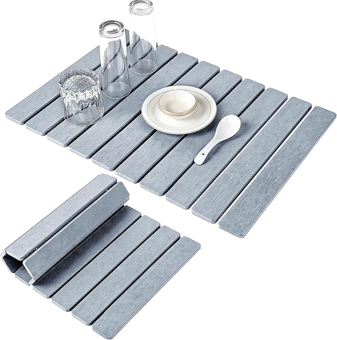 Large Stone Dish Drying Mats for Kitchen Counter 24"(L)×16"(W) Foldable Quick Dry Stone Dish Drying Mats Kitchen Absorbent Diatomaceous Earth Drying Stone Mat for Dishes Bottles Cups Medium Gray