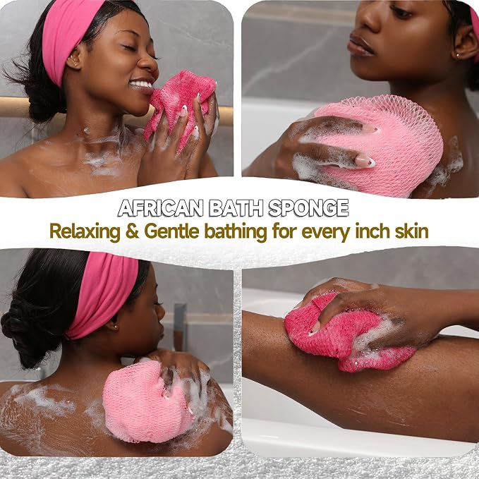 SubSahara Authentic African Net Sponge - 2 Pack Exfoliating Bath & Shower Loofah Sponge for Body & Face, Gentle Scrubber for All Skin Types, Travel, Durable (Dark Pink & Light Pink)