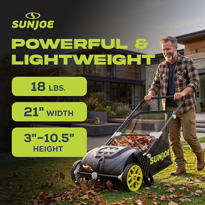 Sun Joe Manual Leaf Sweeper & Lawn Sweeper, 21 in. Push Sweeper with 22-Gal Collection Bag, Adjustable Height, Lightweight, No Battery or Gas Needed