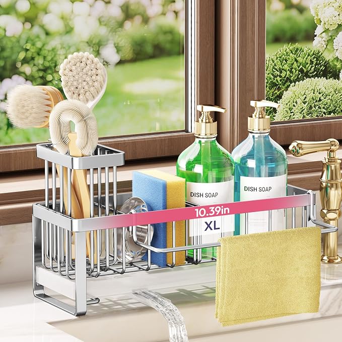 SWTYMIKI Sponge Holder for Kitchen Sink - Sink Caddy with Brush Holder Self-draining Sponge Caddy Organizer with Divider Stainless Steel Kitchen Accessories Storage for Countertop, Silver - Large