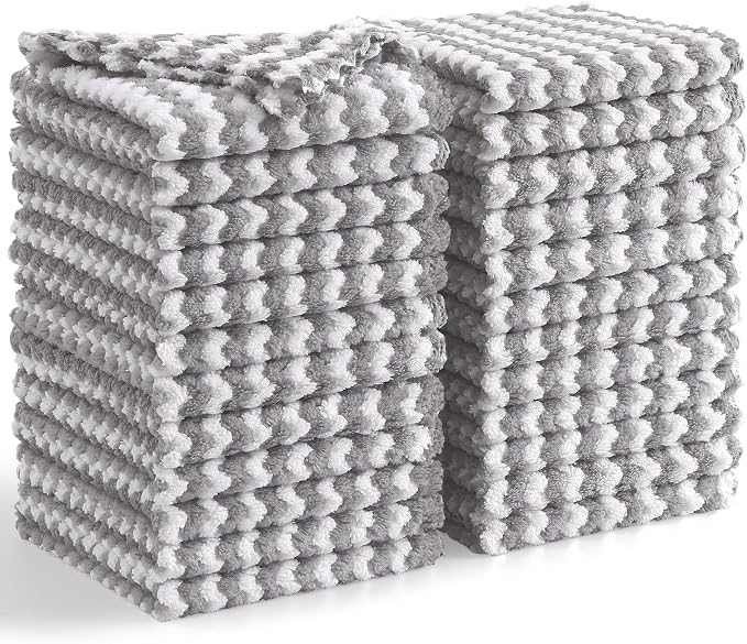 Homaxy 24 Pack Kitchen Dish Cloths, Ultra Soft and Absorbent Dish Towels, Reusable Fast Drying Microfiber Cleaning Cloth, Coral Velvet Wave Design No-lint, 10 x 10 inches, Grey