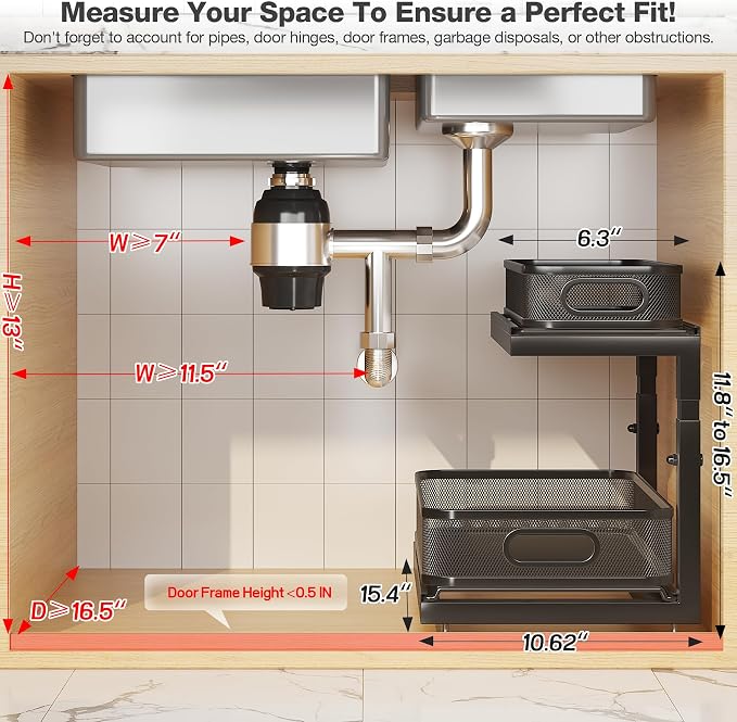 2-Pack Under Sink Storage Organizer with 2-Tier Slide Out Drawer, Sophisticated Mesh Pull Out Shelf for Kitchen & Bathroom, Fits Small Items, Upgraded Arched Track for Smooth Gliding(Patented)