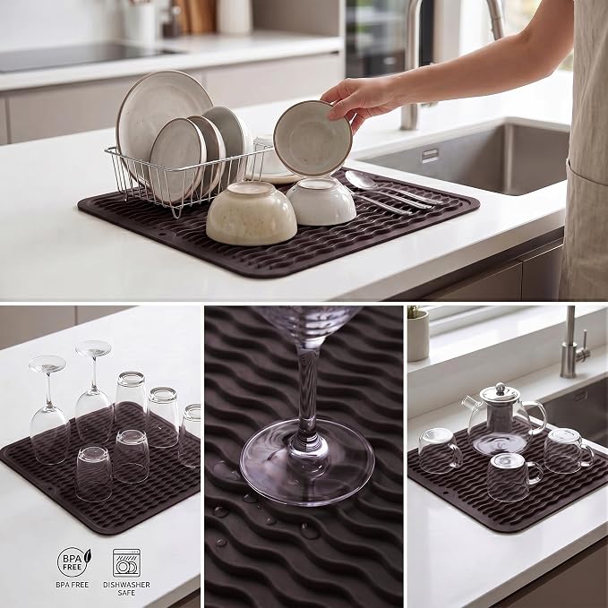 MicoYang Silicone Dish Drying Mat for Multiple Usage,Easy clean,Eco-friendly,Heat-resistant Silicone Mat for Kitchen Counter or Sink,Refrigerator or Drawer liner Coffee M 12 inches x 12 inches