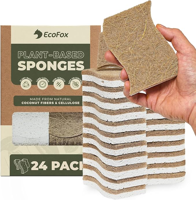 Plant-Based Kitchen Sponges (24 Pack) | USDA Biobased Certified | FSC & PETA Approved | Natural Cellulose & Coconut Scrubber Sponge | S-Shaped Design | Eco-Friendly, Non-Scratch, Non-Toxic & Vegan
