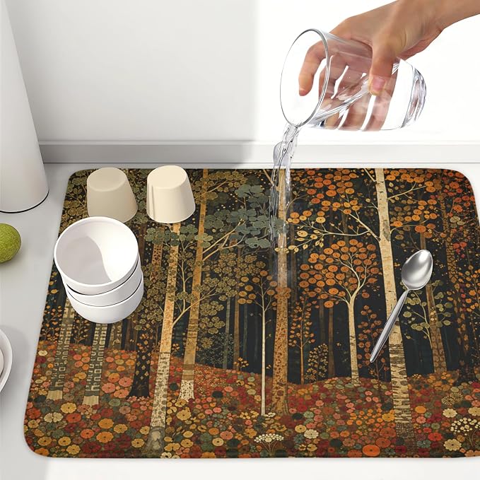 Fall Dish Drying Mat for Kitchen Counter Autumn Forest Vintage Botanical Nature Microfiber Dish Drainer Mat Antique Rustic Farmhouse Absorbent Washable Drying Pad 18"x24"