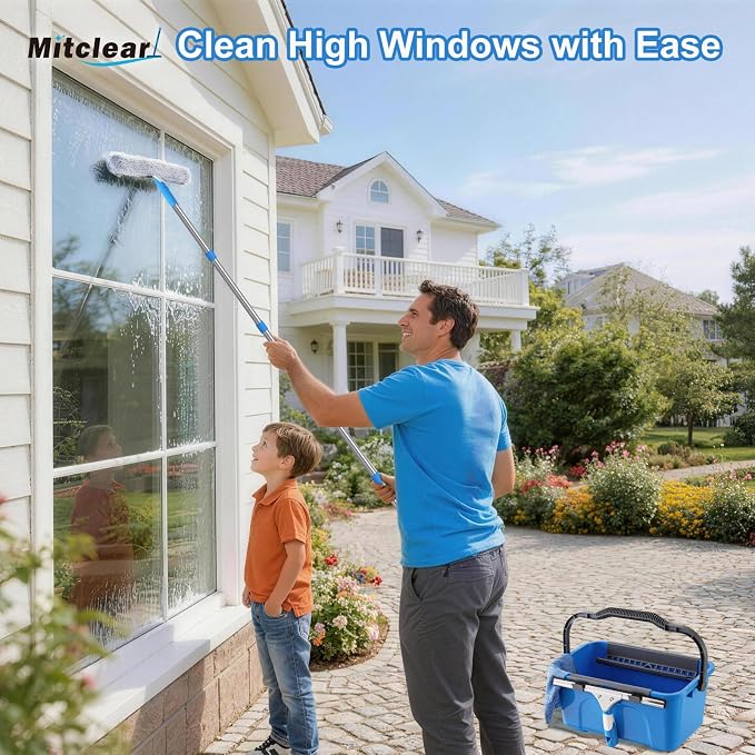 Mitclear Professional Window Cleaning Kit with Bucket 3 Gallon, 14" Window Squeegee Microfiber Scrubber with 77" Long Handle, Window Washing Equipment Cleaner Tools for Home Outdoor Car Commercial Use | Professional Window Washing Equipment, 77'' Long ...