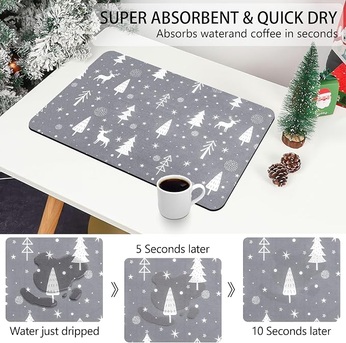 Christmas Dish Drying Mat, 16" x 24" Drying Mat for Kitchen Counter, Super Absorbent Coffee Mats Fits Under Coffee Maker, Kitchen Accessories for Espresso Machine, Gray