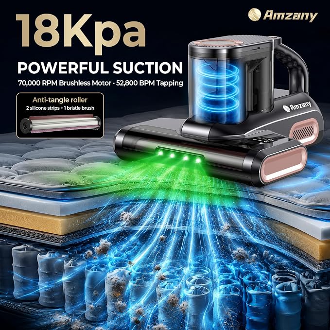 Amzany Mattress Vacuum Cleaner, 18Kpa Cordless Bed Vacuum with 253.7nm UV-C Light, 140°F Heat, HEPA Filter & Ultrasonic, Green Light Display & 52800 BPM Tapping for Bed Sofa Couch Pet Hair