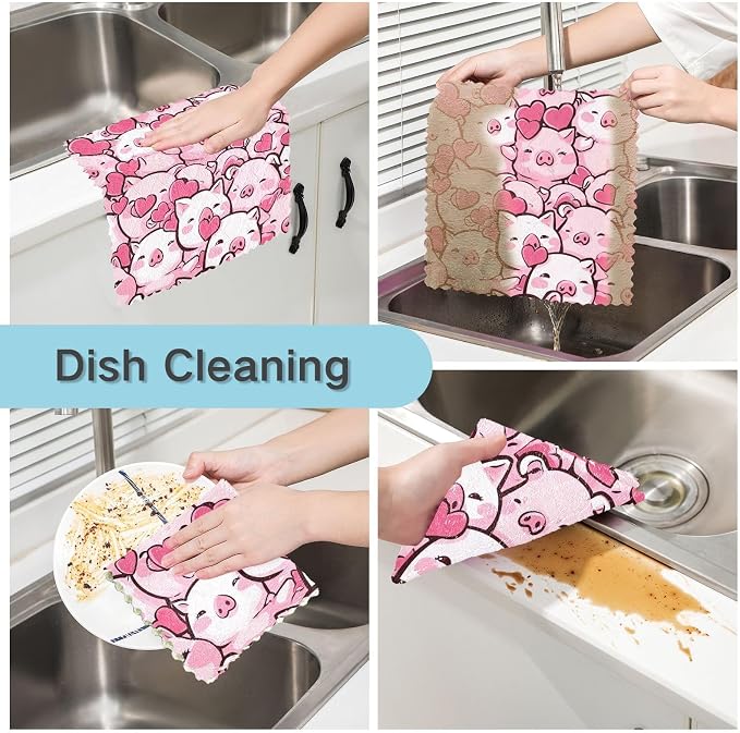 STAYTOP Cute Kawaii Pigs Kitchen Dish Cloth, 6 Pack Super Absorbent and Soft Nonstick Oil Dish Towels, Reusable Cleaning Cloths 11" x 11"