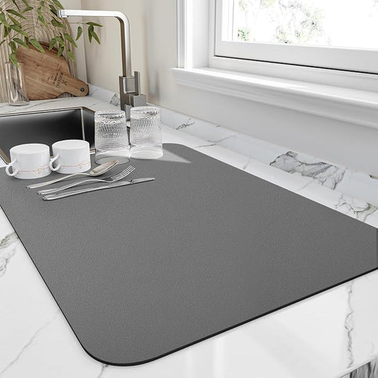 HotLive Dish Drying Mat for Kitchen Counter, Heat Resistant Drainer Mats with Non-slip Rubber Backed, Hide Stain Kitchen Super Absorbent Draining Mat, Easy to Clean Dish Rack Pad, Dark Grey 18"x32"