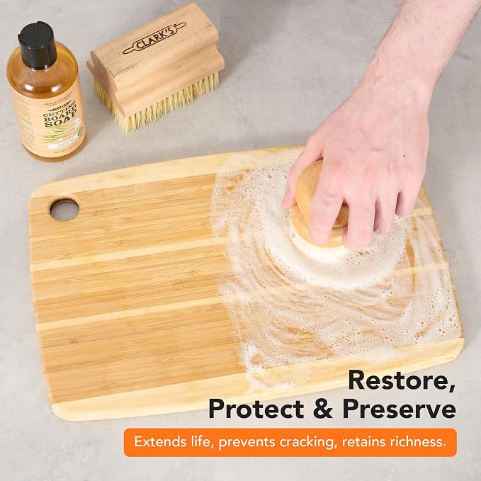 CLARK'S Cutting Board Organic Soap - Enriched with Lemongrass Extracts - Cleaner for Kitchen Countertops, Butcher Blocks, Bamboo, Wooden Bowls and Utensils - Cleans and Restores Wood - Food Safe
