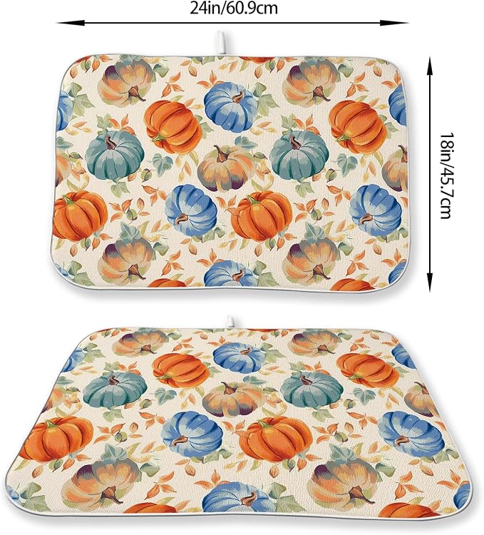 Fall Dish Drying Mat 18x24 Inch Burnt Orange Blue Green Pumpkin Leaves Drying Mat Autumn Harvest Thanksgiving Holiday Absorbent Dish Drying Pad Dish Rack Drainer Mats for Kitchen Dining Counter