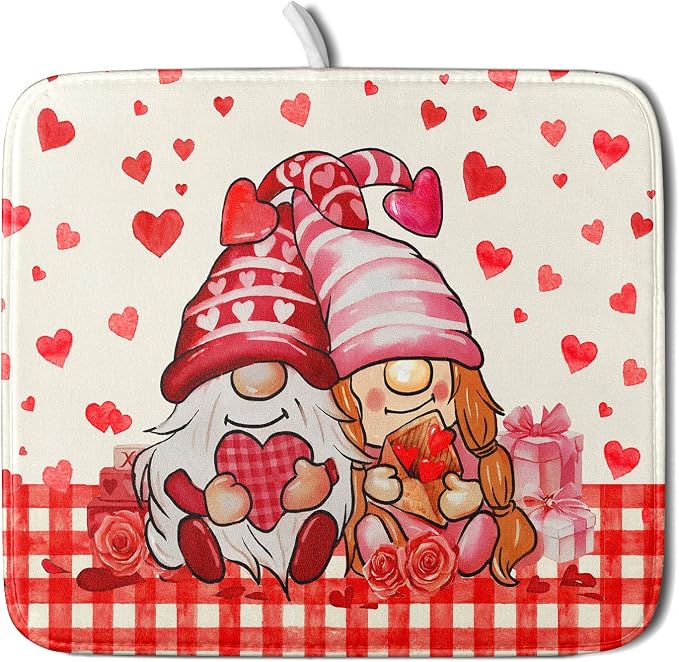 Love Gnome Dish Drying Mat 16"x18" Red Heart Microfiber Dish Drainer Rack Mat Holiday Absorbent Dishes Pad for Kitchen Counter Sink Decor