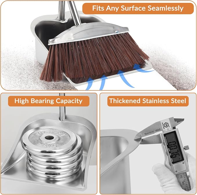 VOOWO Broom with Dustpan Combo Set, 46" Stainless Steel Broom and Dustpan Set for Home, Heavy Duty Dust Pan with Long Handle, Broom for Sweeping Indoor and Outdoor, Kitchen Broom and Dust Pan (Brown)