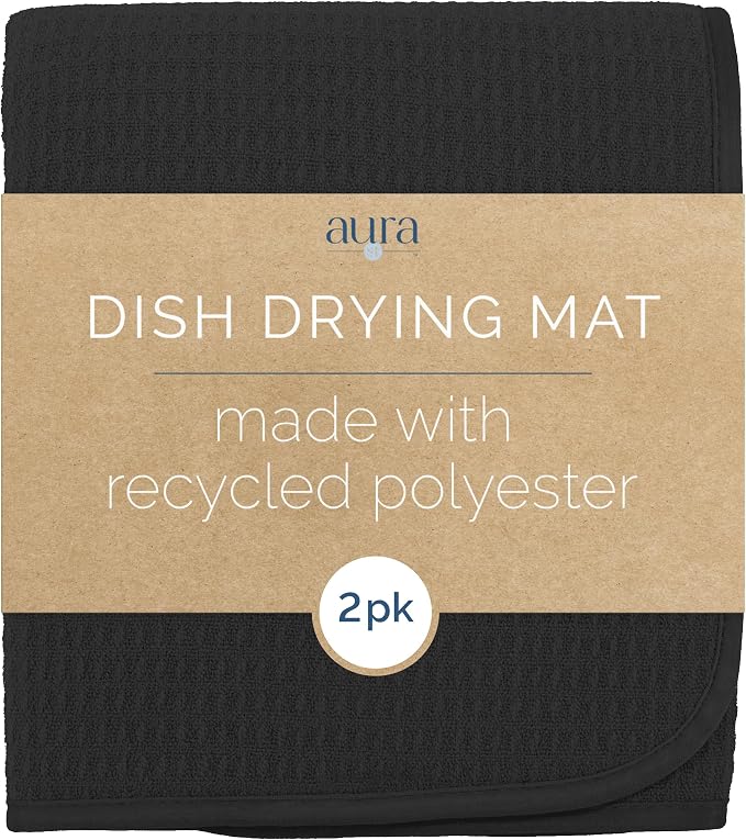 S&T INC. AURA Dish Drying Mat XL 2 Pack, 18” x 24”, Made from Recycled Materials, Absorbent Microfiber Kitchen Counter Mat, Dish Drying Pad for Dishes, Utensils, Pots and Pans, Extra Large, Black
