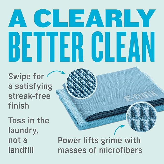 E-Cloth Microfiber Window Cleaning Cloth Kit - Glass Cleaning Cloth for Windows, Mirrors, Cars, Lenses, Eyeglasses, & More, Streak Free Clean, Machine Washable Reusable Towel - Alaskan Blue | Chemical-Free Cleaning - Reusable & Machine Washable Towel, ...