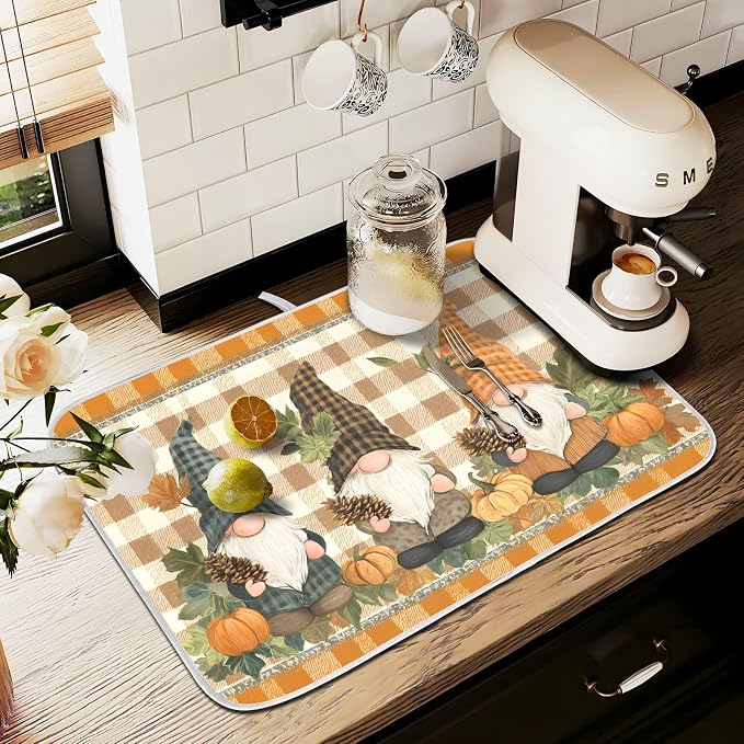 Fall Pumpkin Gnomes Maple Leaves Autumn2 Dish Drying Mat for Kitchen Counter Absorbent Microfiber Small Drying Pad Dish Mats for Kitchen Countertops 16 x 18 Inch