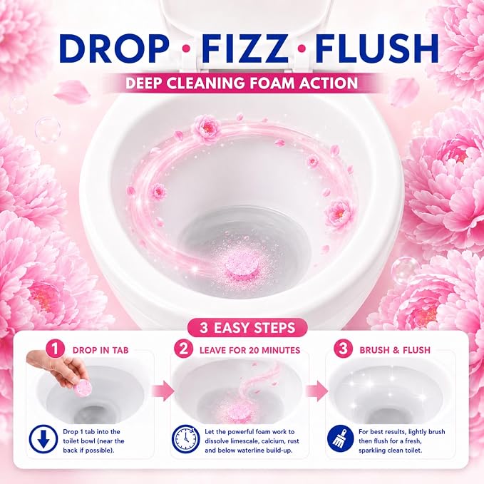 Astonish Toilet Bowl Cleaner Tablets, 8 Count – Fizzing Drop In Tabs Remove Limescale, Calcium & Rust – No Scrub Foaming Action, Vegan & Cruelty Free, Fresh Peony Scent