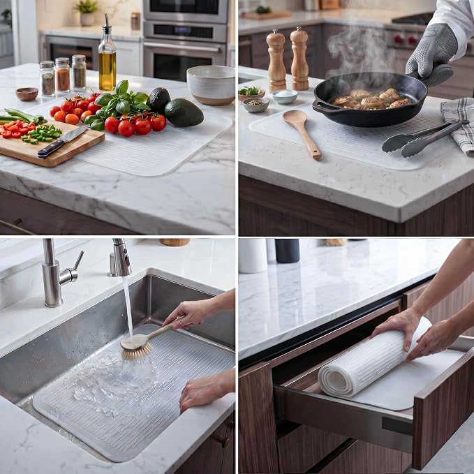 MicoYang Silicone Dish Drying Mat for Multiple Usage,Easy clean,Eco-friendly,Heat-resistant Silicone Mat for Kitchen Counter or Sink,Refrigerator or Drawer Liner Translucent 2XL 24 inches x 18 inches