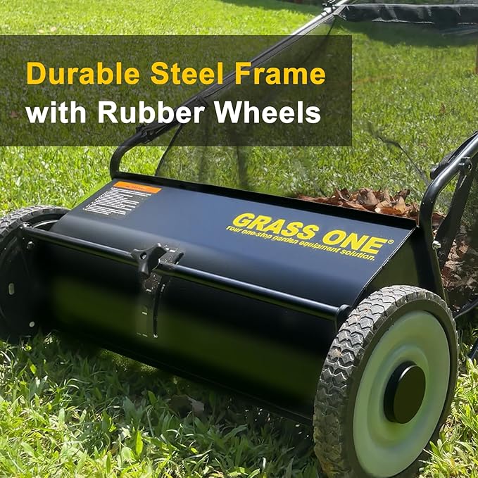 26 Inch Push Lawn Sweeper with 7 Cu.Ft Collection Bag | Yard Sweeper With 4 Spinning PP Brushes, Durable Steel Frame, Adjustable Height And Rubber Tires For Easy Yard Cleanup.