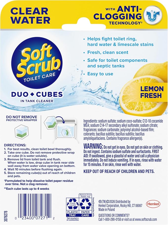 Soft Scrub In-Tank Toilet Cleaner Duo-Cubes, Lemon Fresh, Clear Water, 4 Ct, Cleans & Freshens, Helps Fight Toilet Ring, Hard Water & Limescale Stains