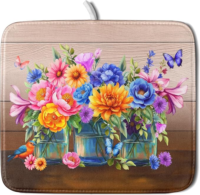 Colorful Flowers Dish Drying Mat for Kitchen Counter 16x18in Spring Summer Flower Vases Dish Mat Drying Absorbent Microfiber Dish Drainer Rack Mats Botanical Floral Dishes Pad for Countertops