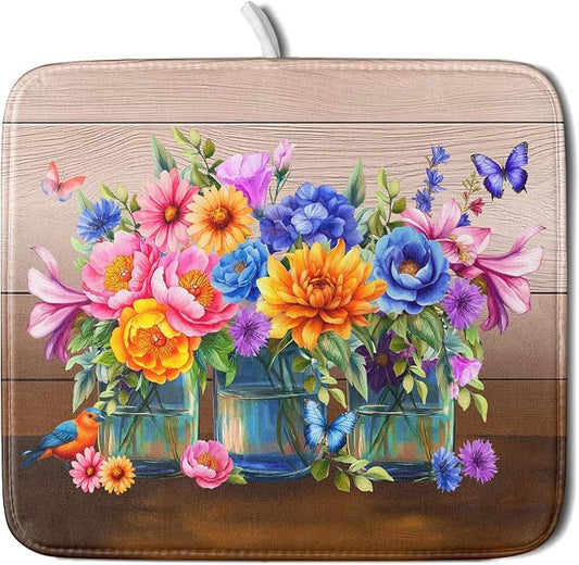 Colorful Flowers Dish Drying Mat for Kitchen Counter 16x18in Spring Summer Flower Vases Dish Mat Drying Absorbent Microfiber Dish Drainer Rack Mats Botanical Floral Dishes Pad for Countertops