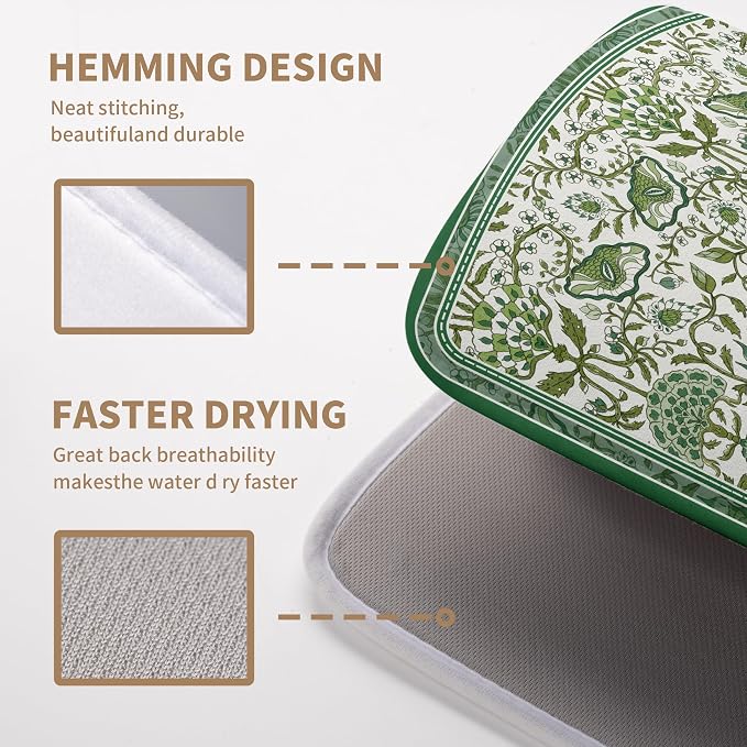 Green Floral Dish Drying Mat for Kitchen Counter 18x24 Inch Spring Summer Flowers Drying Mats Microfiber Absorbent Dish Drainer Pad Reusable Washable Dish Draining Mat for Coffee Bar Sink