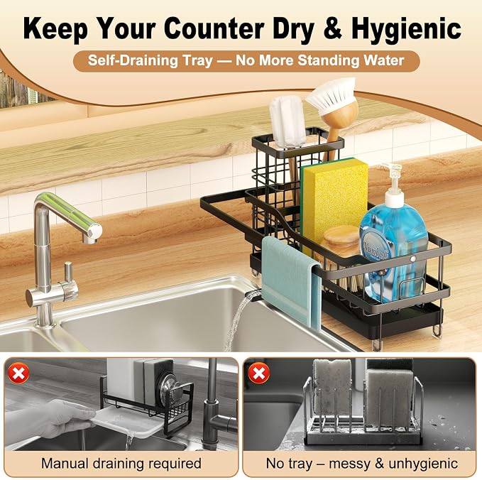 Sponge Holder for Kitchen Sink, Self-draining Sink Organizer with Towel Rack and Brush Holder, Metal Kitchen Sink Organizer for Countertop, Black