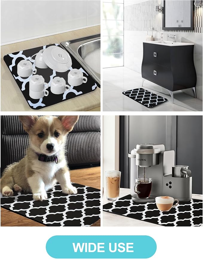 Dish Drying Mat for Kitchen Counter, 16"x24" Dish Drying Pad with Non-slip Rubber Backed, Hide Stain Anti Absorbent for Kitchen Counter, Drying Mat for Coffee Machine Dish Rack (Black Trellis)