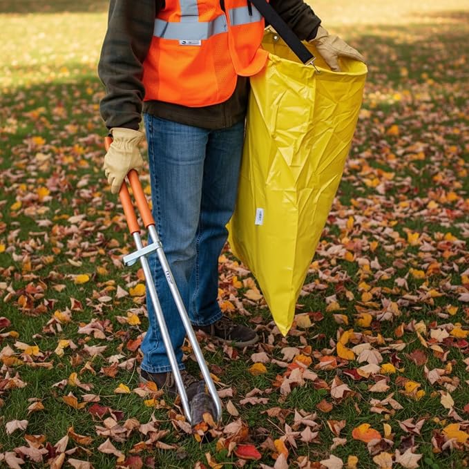 Faccito 1 Pack Litter Bag with Shoulder Strap Trash Pickup Bag Holder Lawn Leaf Chute Vinyl 4.45 Cubic Feet No Bending Portable Trash Picker Grabber for Patio Yard Garden (Yellow)