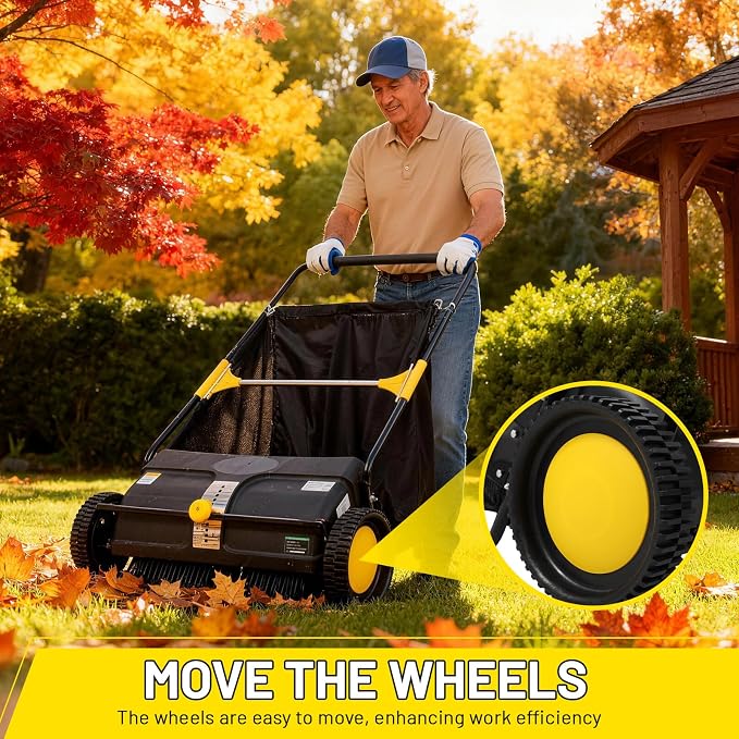 21 Inch Push Lawn Sweeper, Hand Powered Leaf & Grass Sweeper with 7 Cu Ft Hopper, 4 High-Speed Brushes, Height Adjustable, ABS & Steel Frame for Yard Lawn Cleanup (21 Inch Black)
