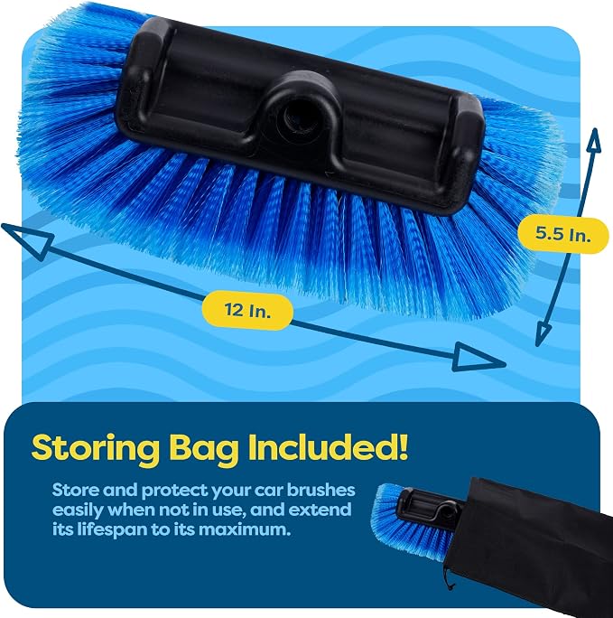 SCRUBIT 12" Car Wash Brush with Soft Bristles for Car Truck Boat Deck & House Cleaning, Exterior Washing Brush Connects with Pole & Hose, Storage Bag Included (Blue)