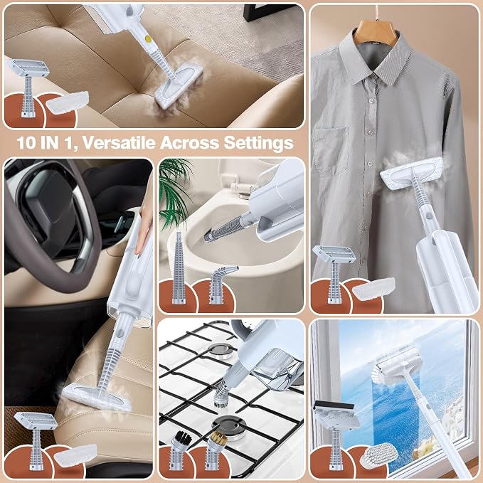 Steam Cleaner, Detachable 10-in-1 Handheld Steam Mop for Multi-Surface | Quick 10s Heat, 350ml Water Tank and 2-Level Steamer for Cleaning Floor, Window, Carpet, BBQ Grill, Tile, Sofa, Car and Grout