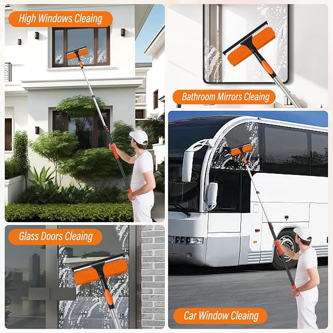 26FT High Window Cleaning Kit with Pole,2 in1 Professional Window Squeegee | 5-20FT Window Clean Pole Kit(2 Squeegee & 2 Microfibre Cloths),180°Rotatable Squeegee for Indoor/Outdoor High Windows