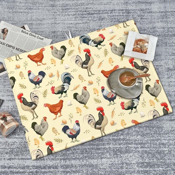 Chicken Dish Drying Mat for Kitchen Counter Cute Kitchen Mat Microfiber Kitchen Countertop Absorbent Reversible Drainer Rack Pad Dish Drying Mat 18 x 24 Inch