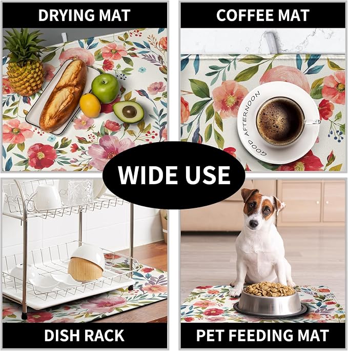 Floral Dish Drying Mat for Kitchen Counter Absorbent Microfiber Dishes Drying Pad Cute Flowers Dish Drainer Rack Mats Washable Coffee Sink Mat Extra Large 18"x24" Dish Mat