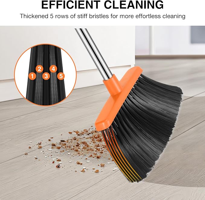 NACENA Broom and Dustpan Set with 52-in Long Adjustable Handle,Black Orange | Broom Dustpan Combo with Dustpan Teeth to Automatically Clean Hair Suitable for Home Kitchen Office Hall Floor