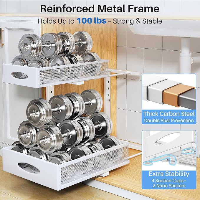 Under Sink Organizer, 2 Tier Pull Out Under Cabinet Organizer Shelf with Pad for Framed Cabinets, Metal Slide Out Under Sink Storage, Mesh Sliding Drawers for Kitchen Bathroom Laundry(White, 1 Pack)