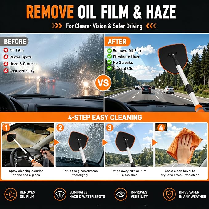 XINDELL Interior Windshield Cleaner Tool, Extendable Car Window Cleaning Kit with 360° Rotating Head, Interior Exterior Glass Cleaner for Cars Trucks SUVs, 10PCS with 3 Pads, Towels, Brushes & Bag | 360° Head, Extendable Handle, 3 Pads, 2 Brushes, 3 To...